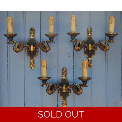 Vintage Bronze Swan Wall Lights Lucien Gau – Set of 3 Double Sconces